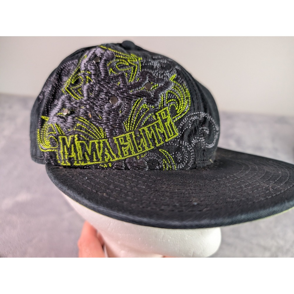 MMA Elite Hat Mens L/XL Black Lime Green Embroidered Studded Flat Brim Cap